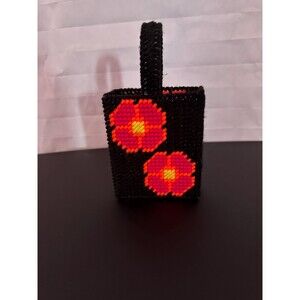 Tiny Flower Tote Bag Black Plastic Canvas Handmade Floral Gift for Her